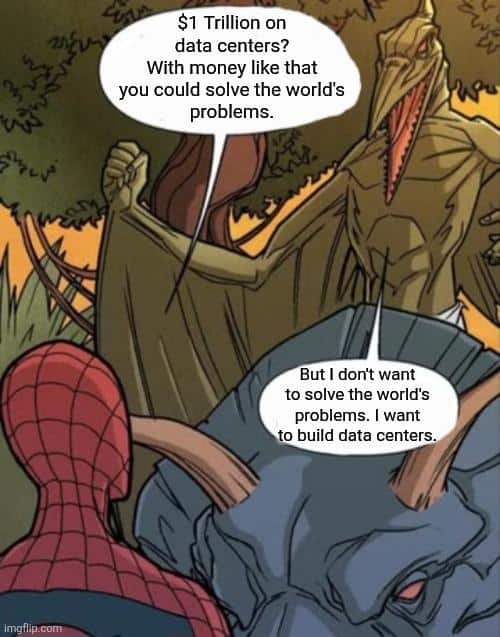 Funny '60s Spider-Man meme where a villain wants to build data centers instead of solving world problems.