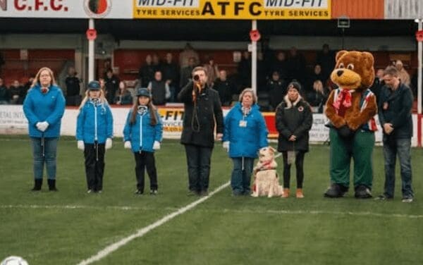 A brown bear mascot stands on a football pitch with its hands clasped and head bowed during a moment of silence.