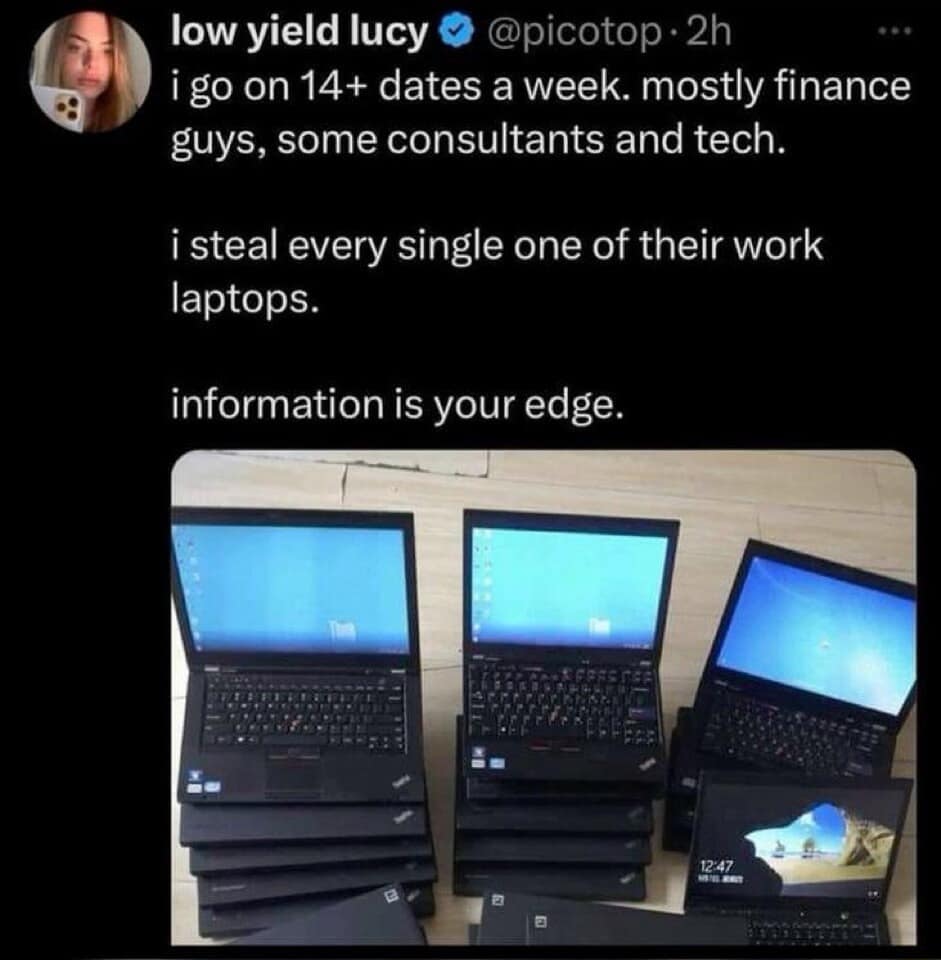 Hilarious meme joking about dating finance guys just to steal their laptops