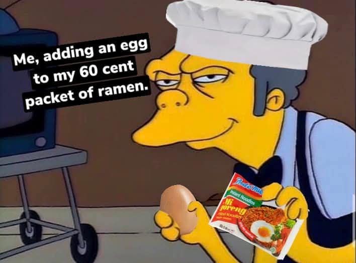 Hilarious meme of Moe from Simpsons acting like a gourmet chef with ramen