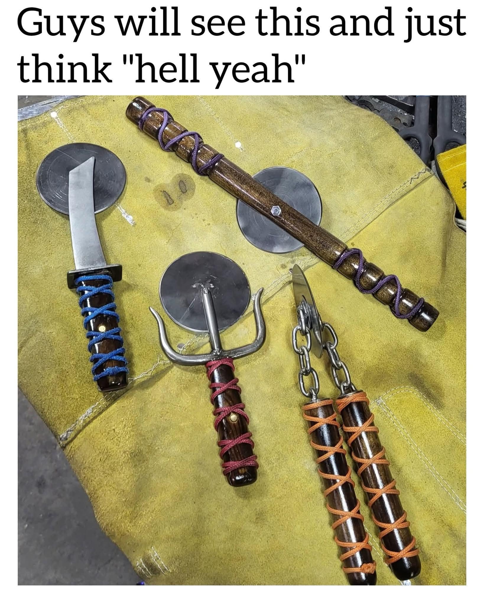 A hilarious meme dump of Teenage Mutant Ninja Turtles weapons made into pizza cutters.