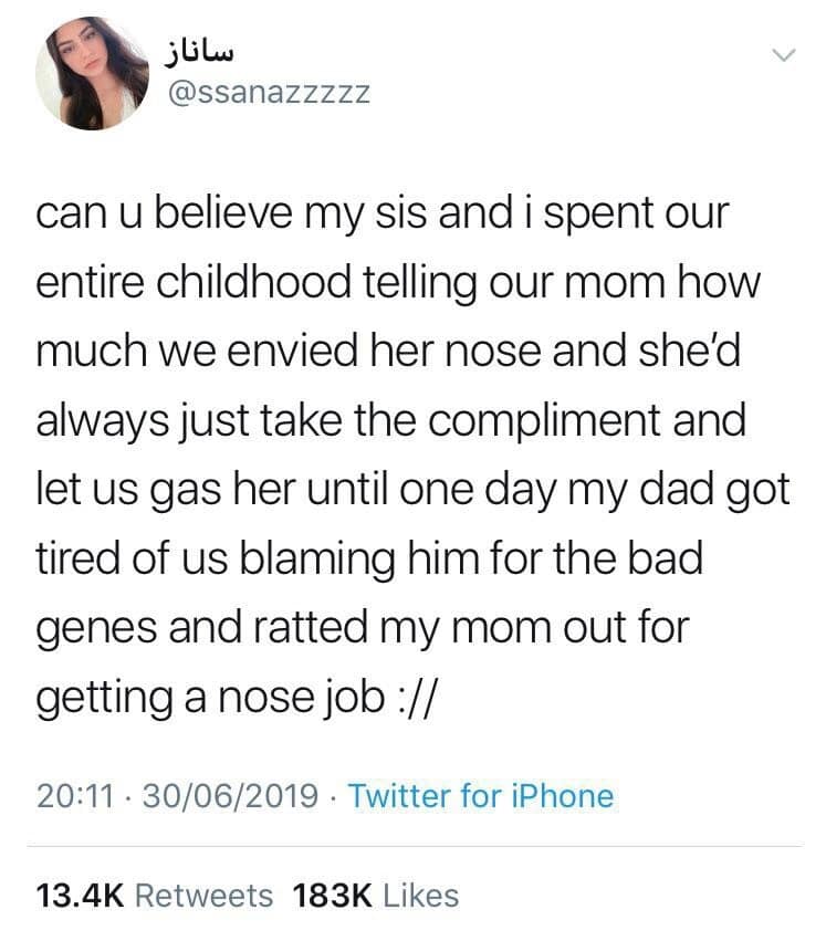 A funny meme and viral tweet about a dad exposing his wife's secret nose job to their kids.