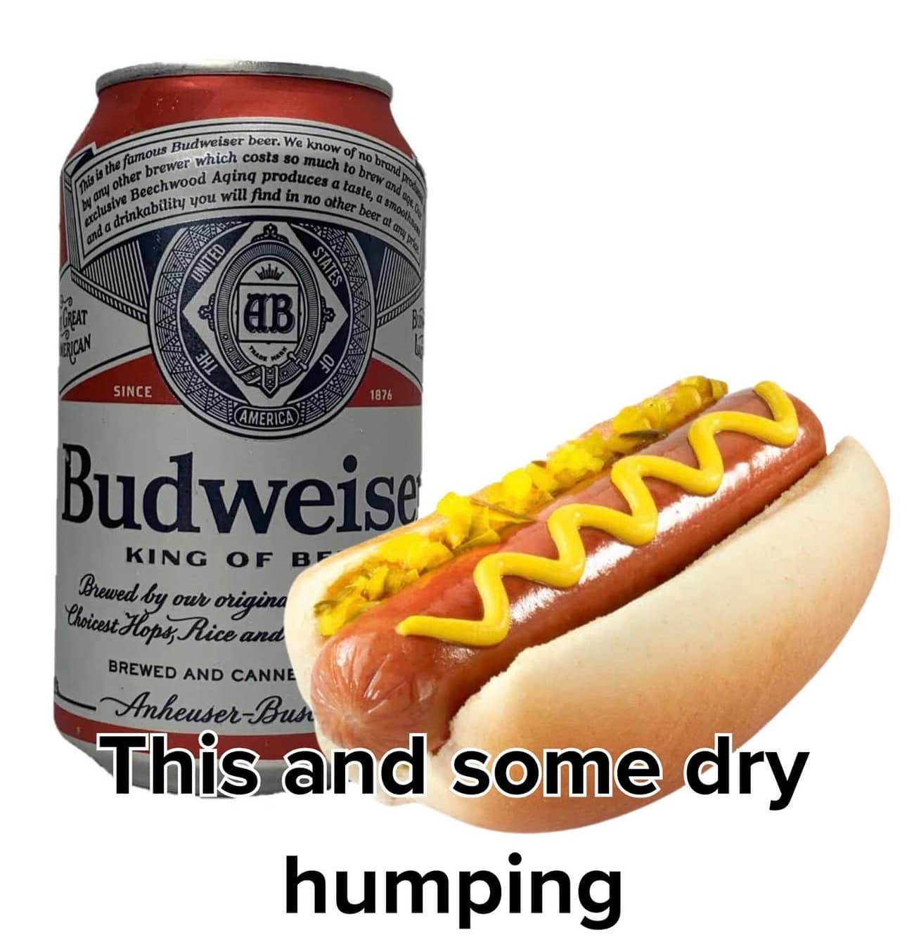 Funny meme comparing Budweiser and a hot dog to dry humping