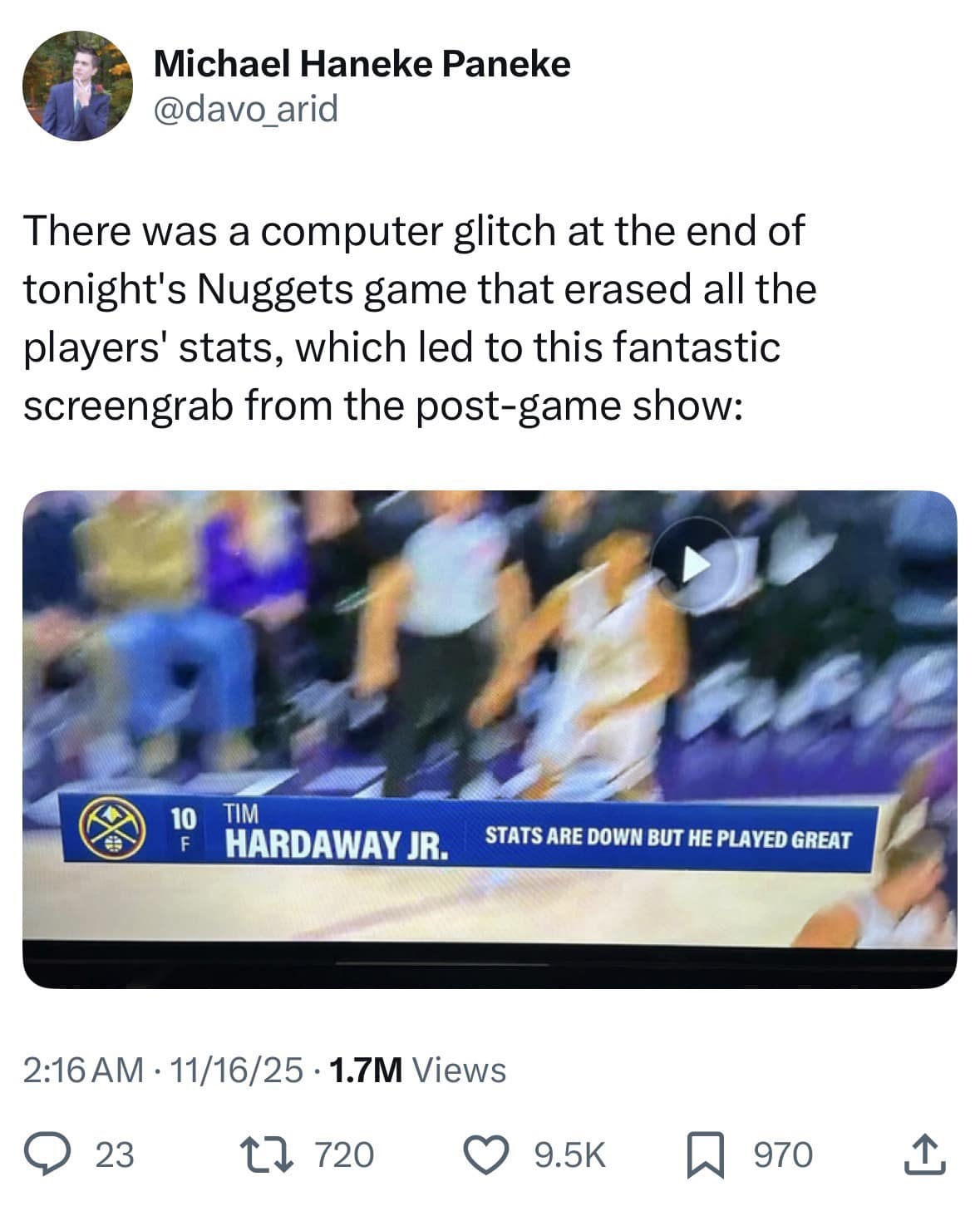 Screen capture of Tim Hardaway Jr. stats glitch during an NBA broadcast in a funny meme.