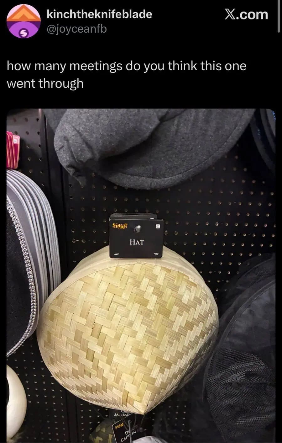 A funny meme from Spirit Halloween showing a generic "HAT" label on an Asian conical hat.