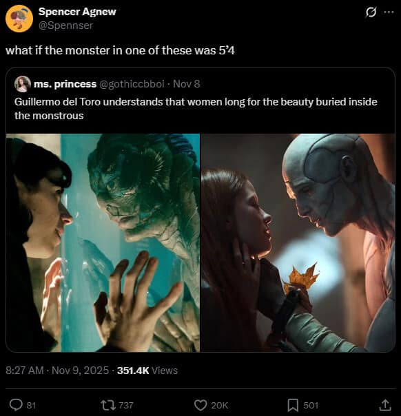 A funny meme and viral tweet roasting the "monster lover" trope by asking "what if the monster was 5'4?"