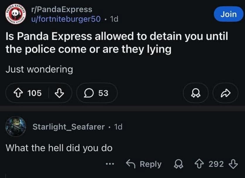 Meme dump of a Reddit post asking about Panda Express police detention