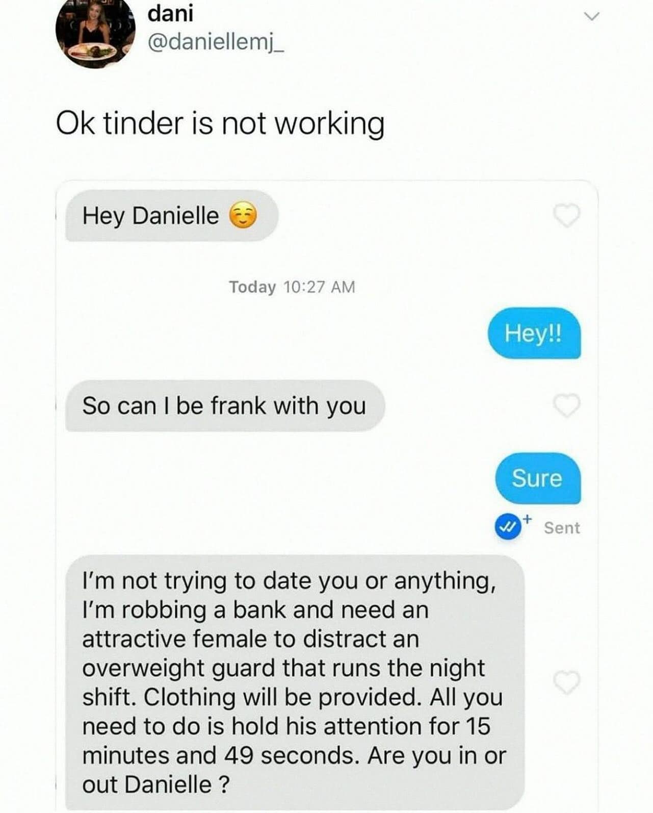 Funny meme text message claiming a bank robbery date setup
