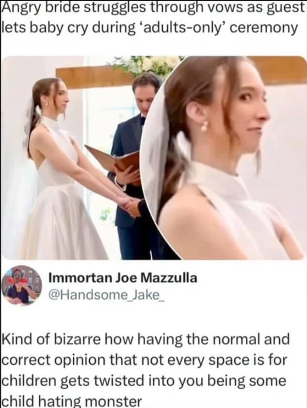 Angry bride glaring at a crying baby in a hilarious meme regarding child-free weddings.