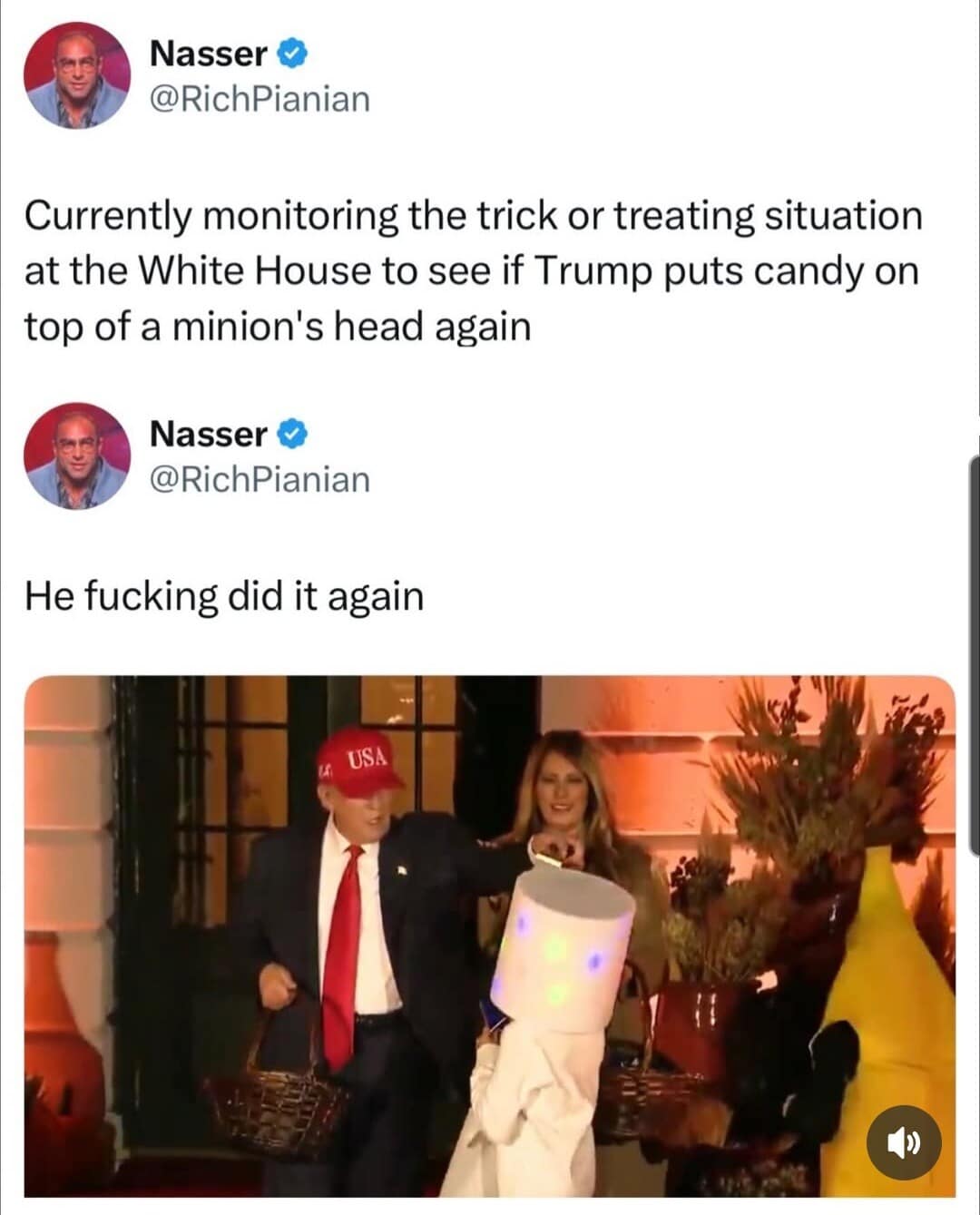 A funny meme from a viral tweet showing Trump putting candy on a minion's head on Halloween... again.