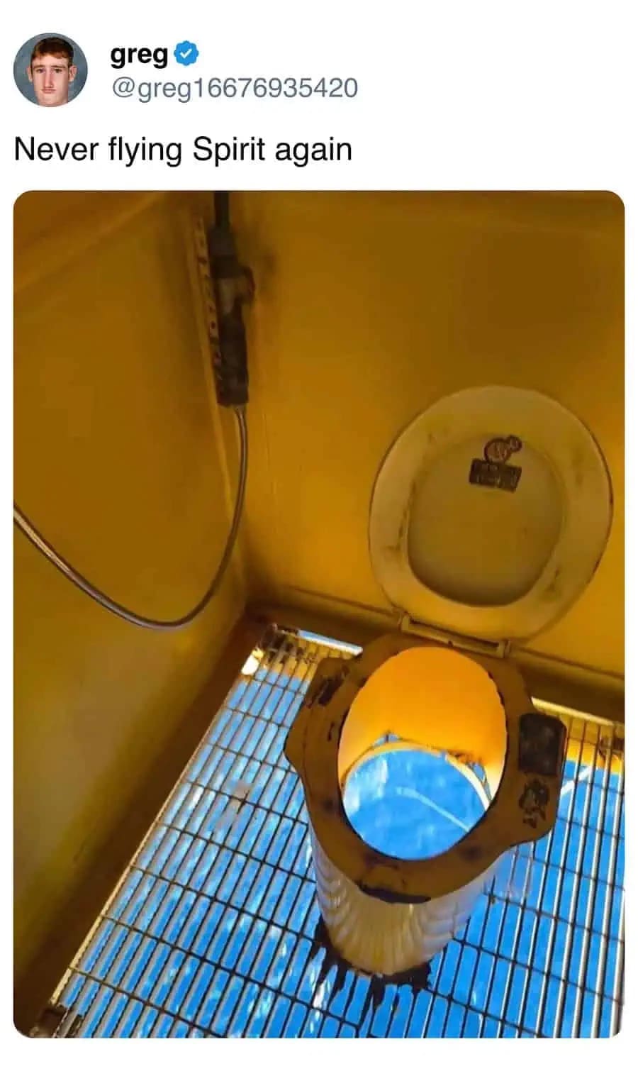 A funny meme joking about Spirit Airlines, showing a terrifying toilet in a plane open to the sky.