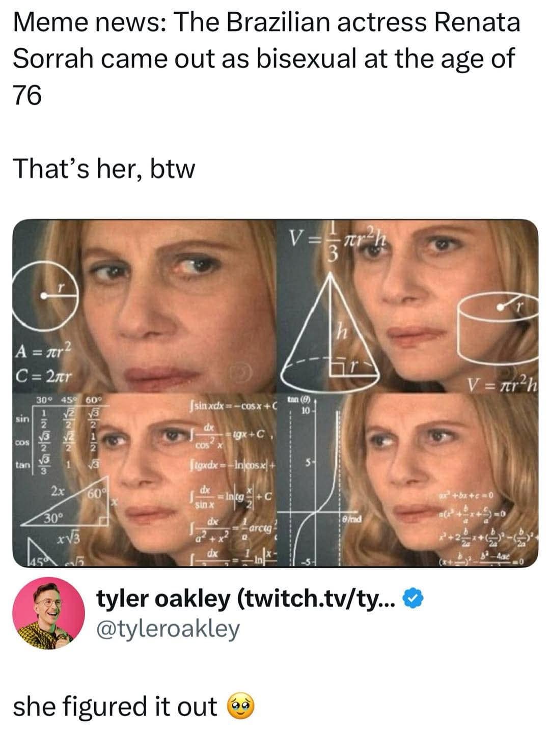 Meme about the "Nazaré Confused Lady" actress coming out as bisexual in a funny meme.