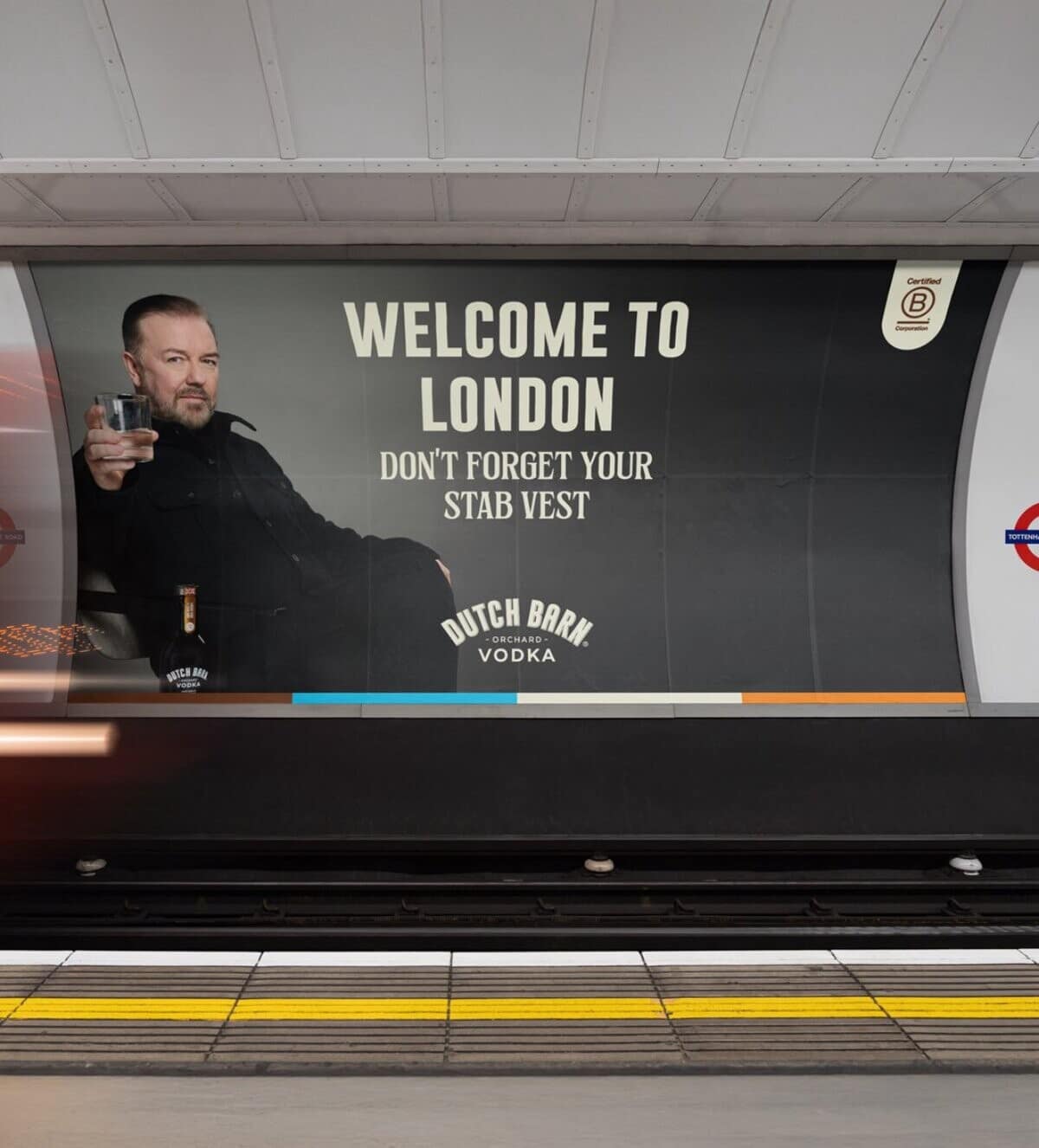 A funny meme of a fake Ricky Gervais vodka ad in London telling people to "bring a stab vest.