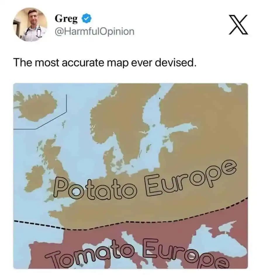 A funny meme from a viral tweet showing a map of Europe divided into "Potato Europe" and "Tomato Europe."