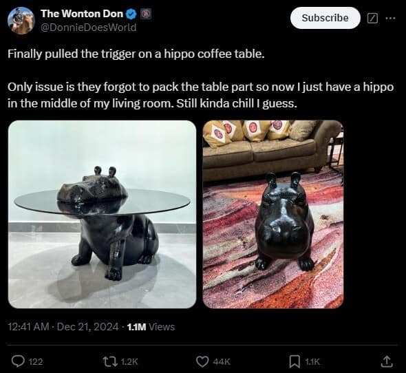 A hilarious meme from a tweet where a man ordered a hippo table but only received the hippo