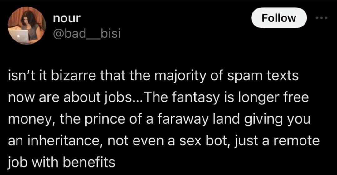 Funny meme mocking the transition of spam texts from free money to job offers