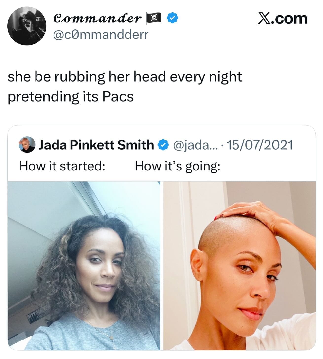 A funny meme from a viral tweet making a shady joke about Jada Pinkett Smith's shaved head