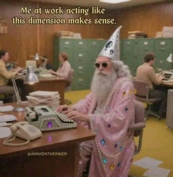 Meme dump featuring a wizard typing in a retro office setting.