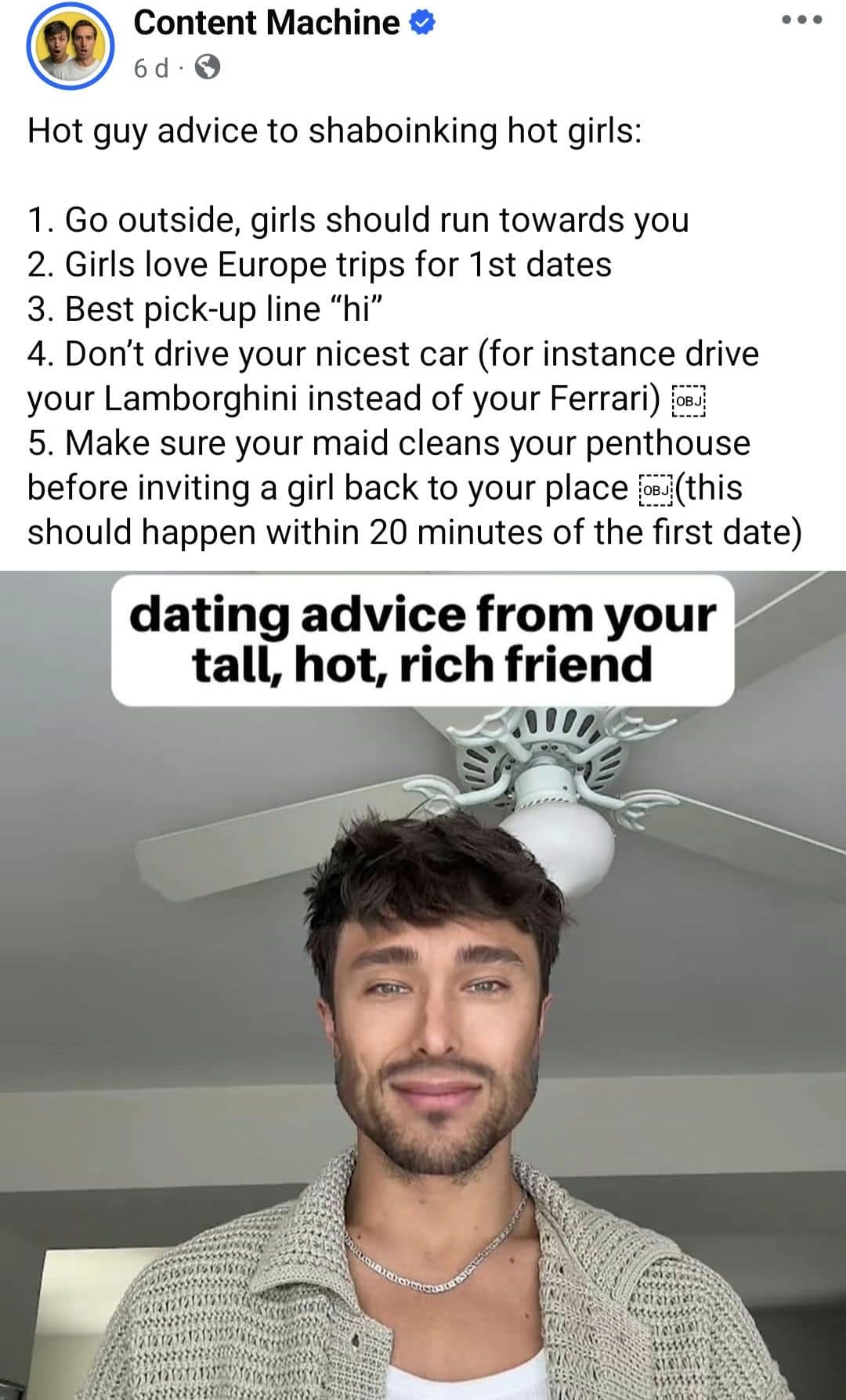 TikTok screenshot of a rich guy giving out of touch dating advice in a funny meme.