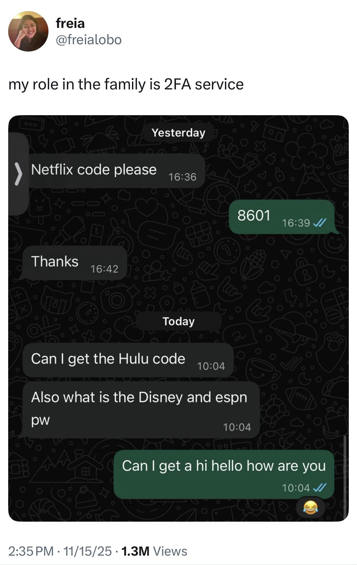 Meme dump screenshot of family asking for streaming verification codes