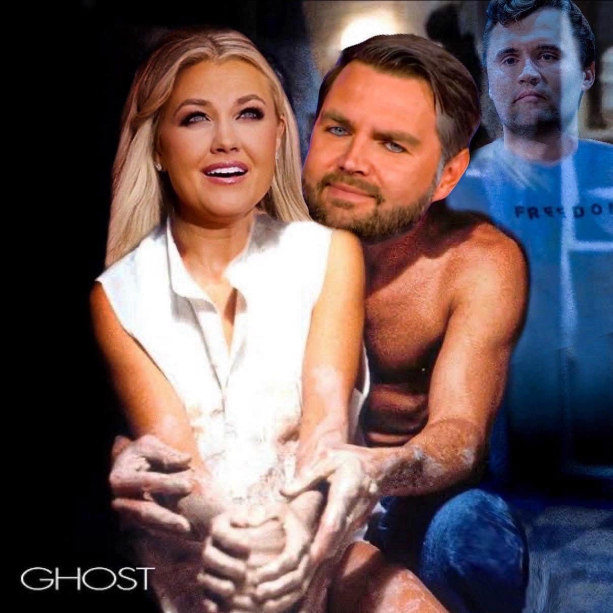 A funny meme photoshopping J.D. Vance and Noem into the pottery scene from Ghost, with Tim Ryan watching.