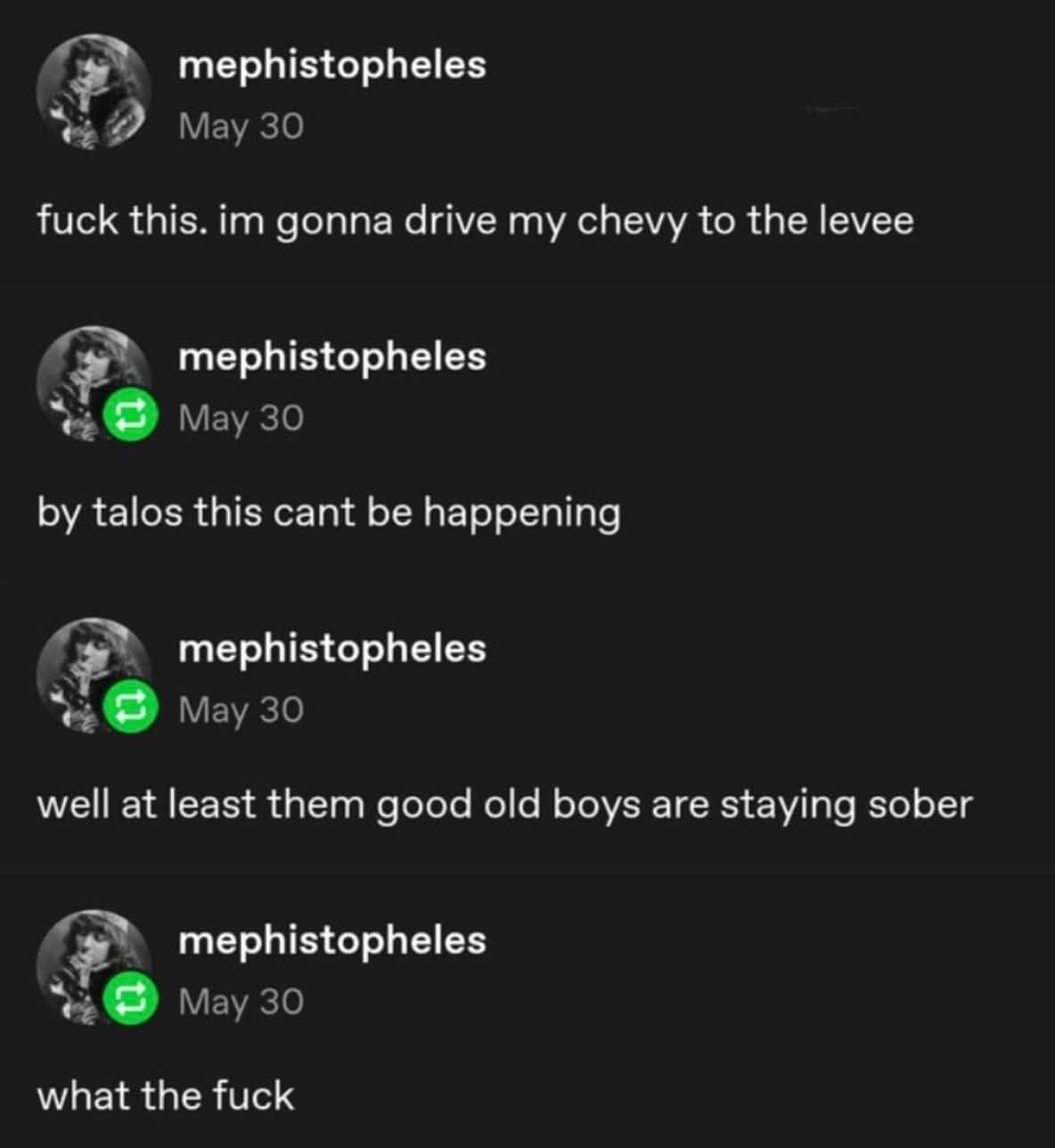 Meme dump text post reacting to the tragedy in American Pie lyrics