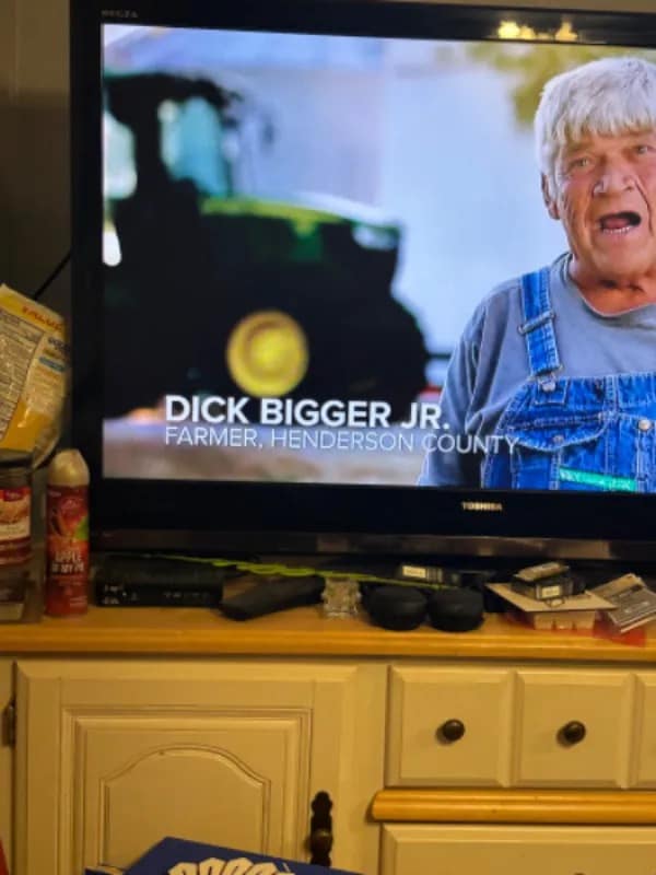Funny meme of a farmer named Dick Bigger Jr. on TV.