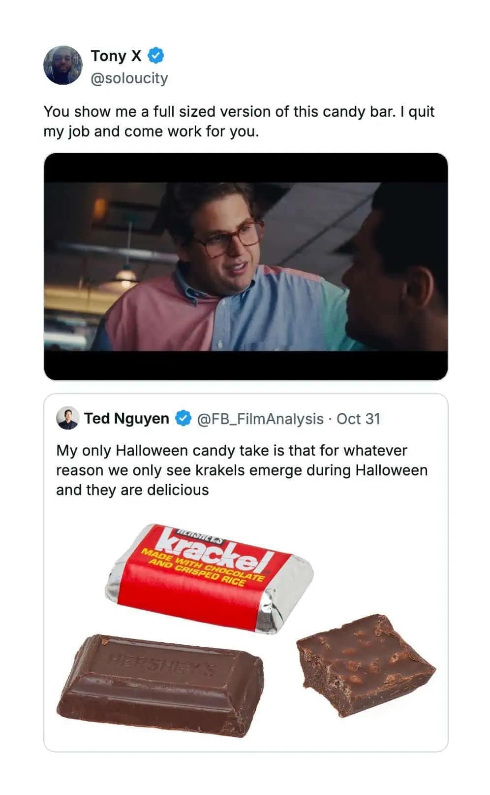 A hilarious meme dump where a tweet about Krackel bars is paired with a Wolf of Wall Street reaction meme