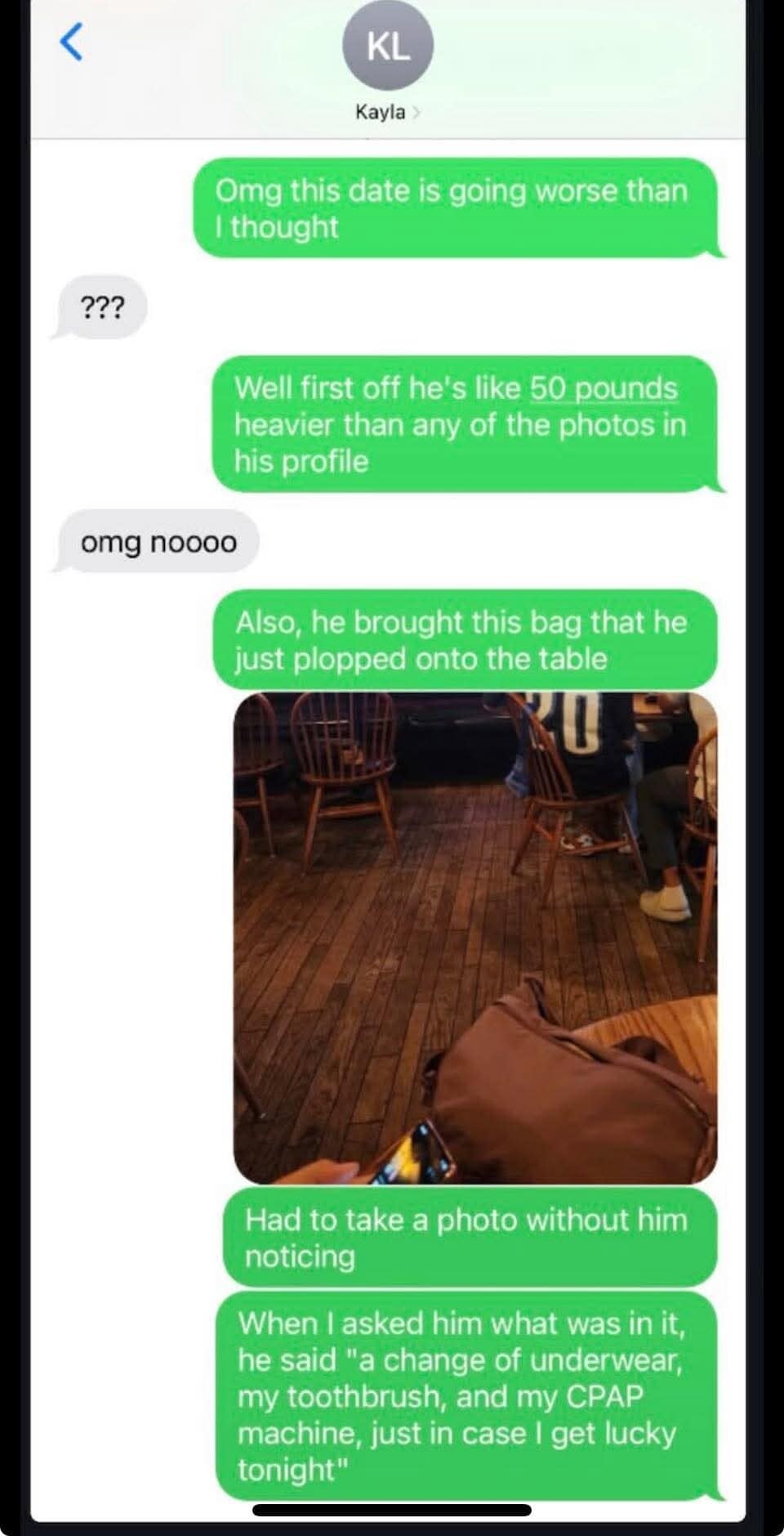 Meme dump text conversation about a disastrous date bringing a CPAP machine.