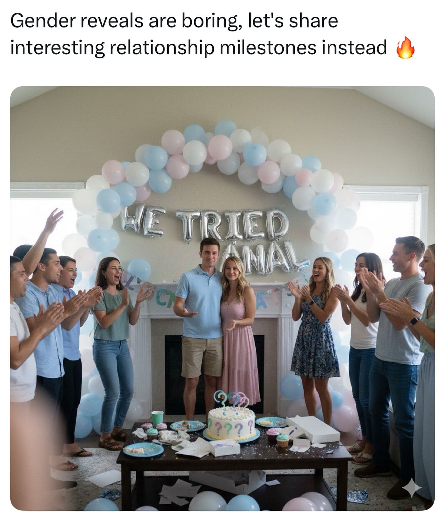 A hilarious meme of a couple's party with balloons that spell out "WE TRIED AN*L."