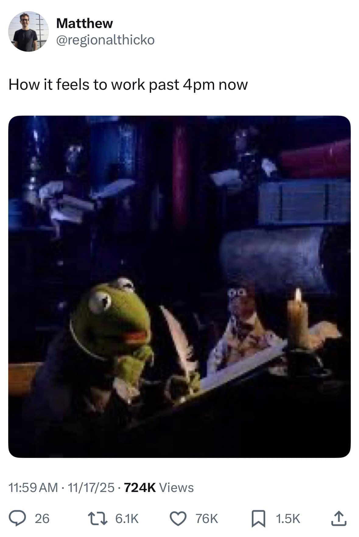 Funny meme showing Kermit the Frog working by candlelight after 4pm