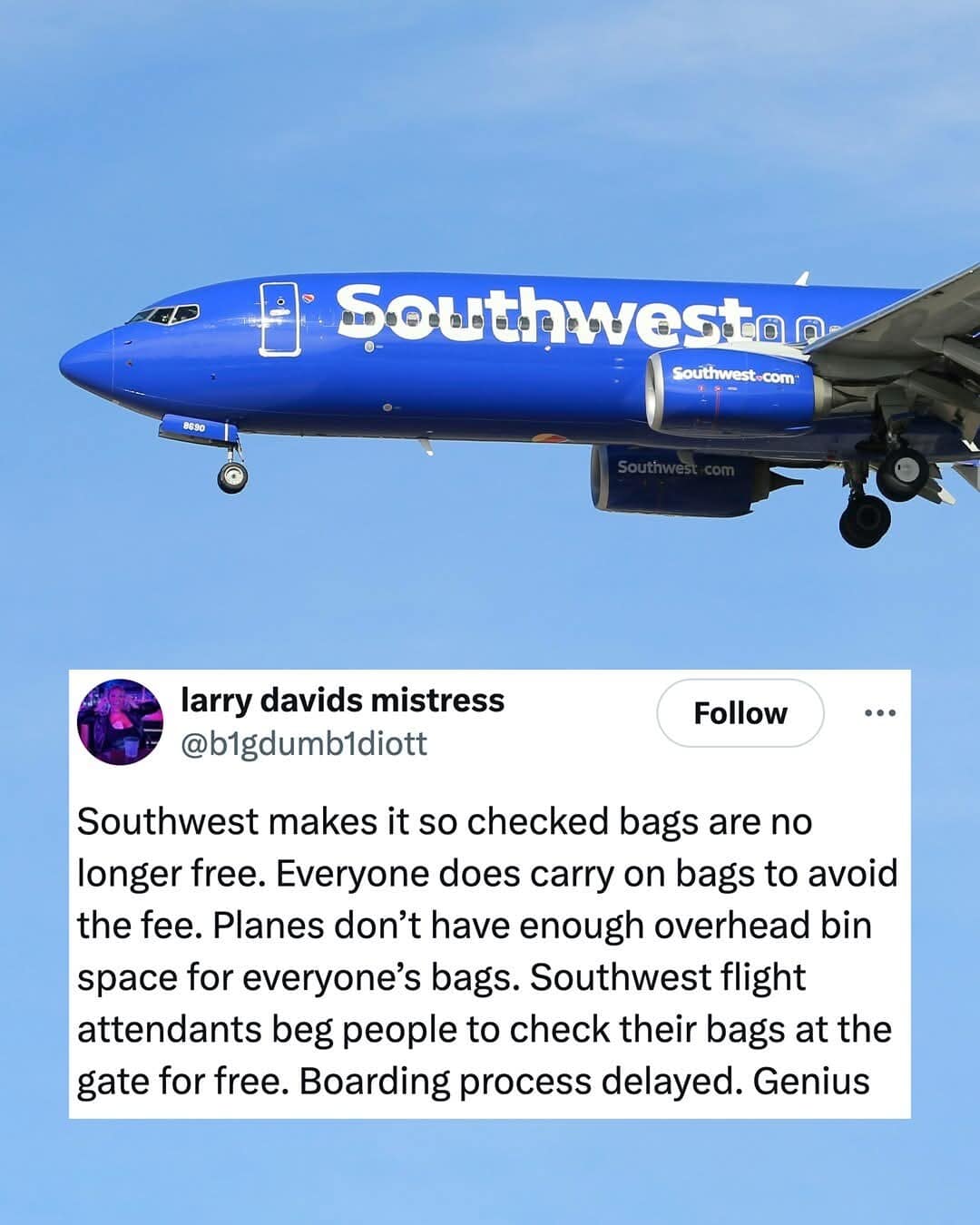 Southwest Airlines funny meme explaining the paradox of baggage fees