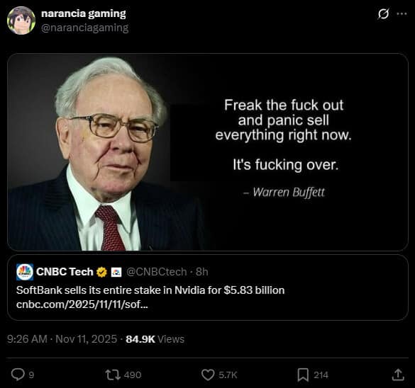 A funny meme of a fake Warren Buffett quote ("Freak the fck out... It's fcking over") reacting to a real CNBC headline.