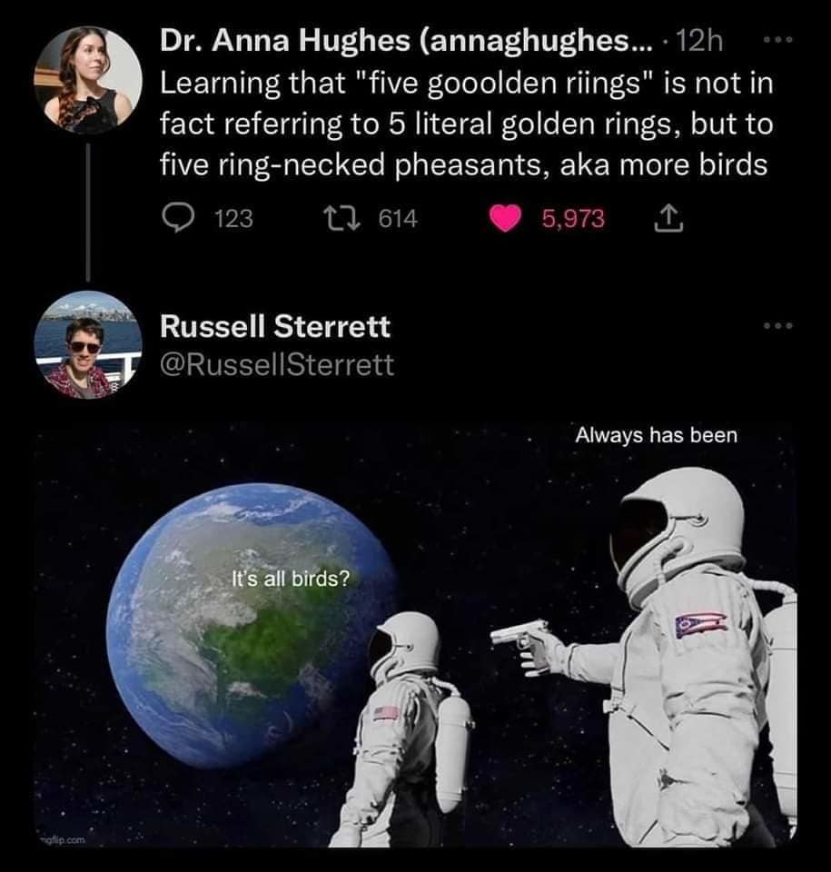 Meme dump about the 12 Days of Christmas being mostly birds