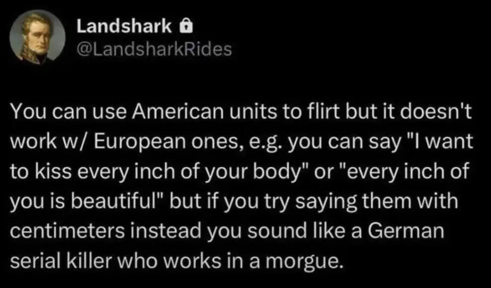 Funny meme explaining why flirting with the metric system sounds scary