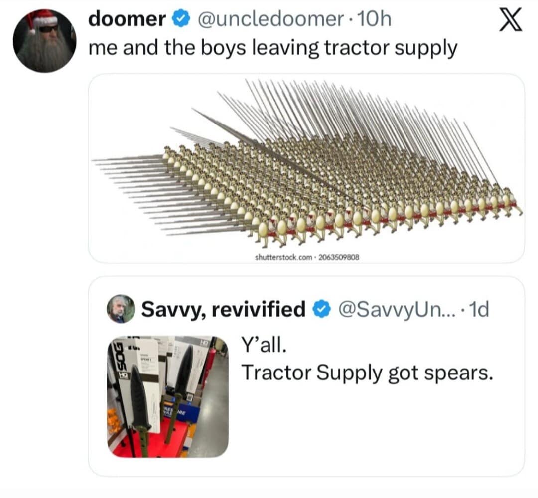 Tractor Supply funny meme about impulse buying literal spears