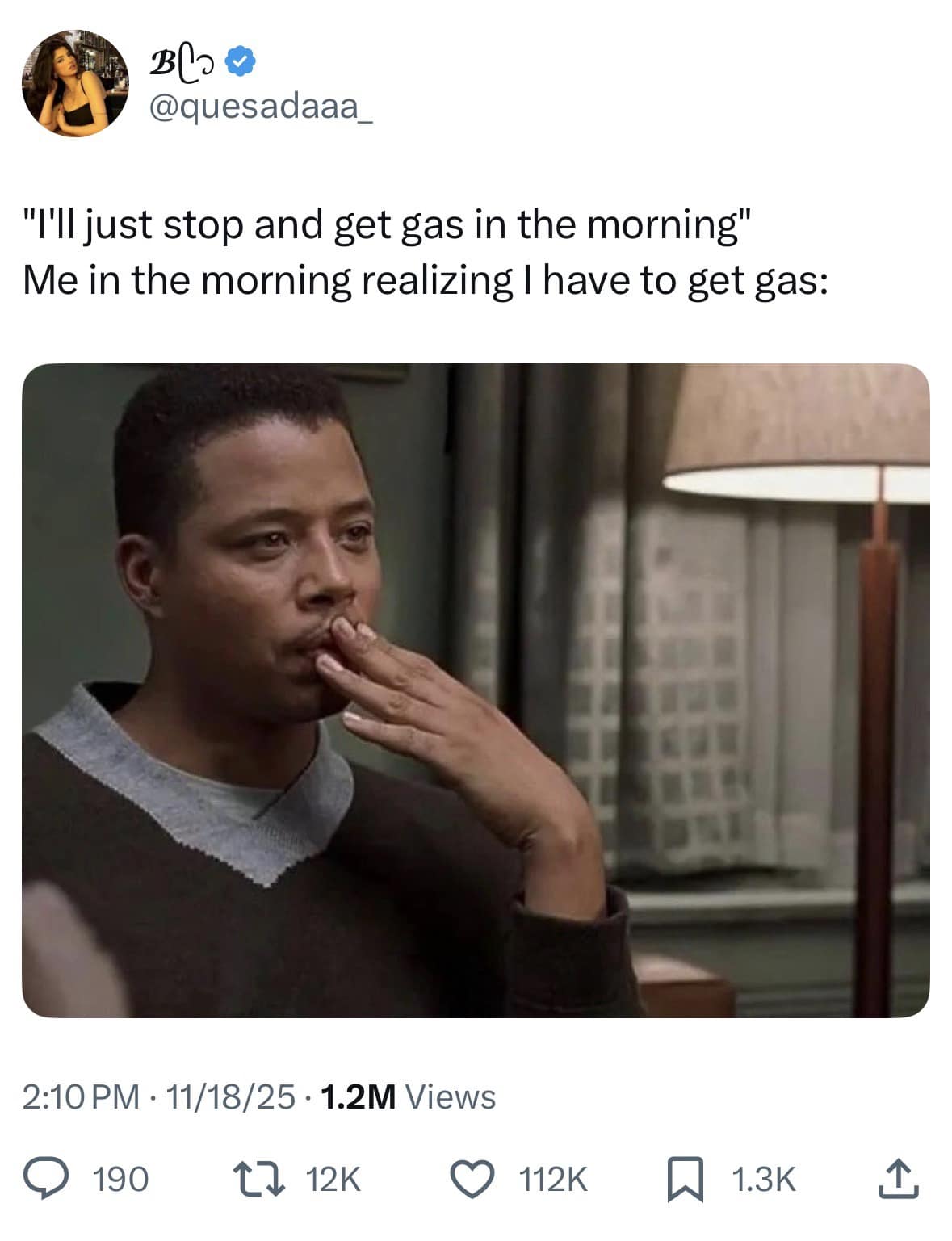Terrence Howard looking regretful in a hilarious meme about forgetting to get gas.