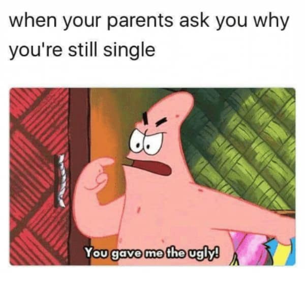 Patrick Star from Spongebob blaming genetics in a memes about being single.