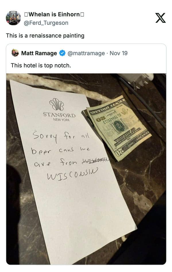 Midwest meme showing a hotel tip apologizing for beer cans