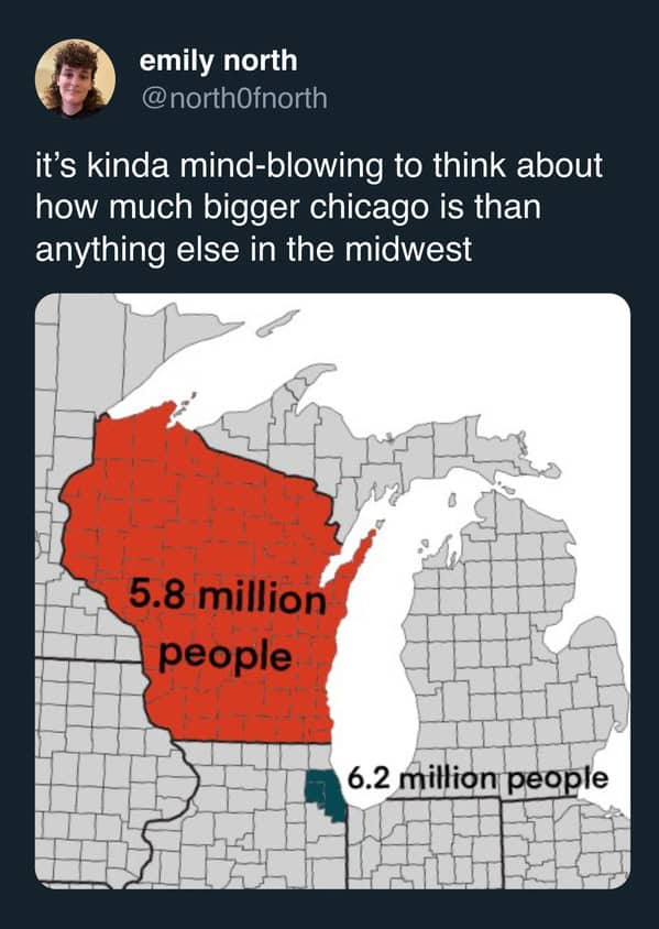 Midwest meme map comparing Chicago population to Wisconsin