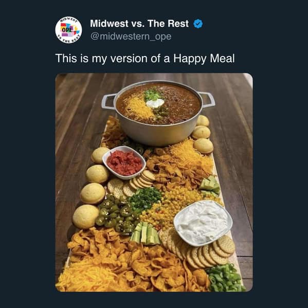 Midwest meme showing a massive chili and sides spread