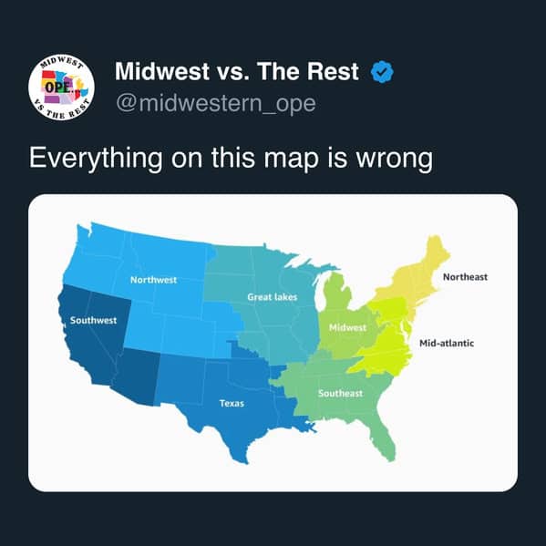 Midwest meme criticizing an incorrect map of US regions