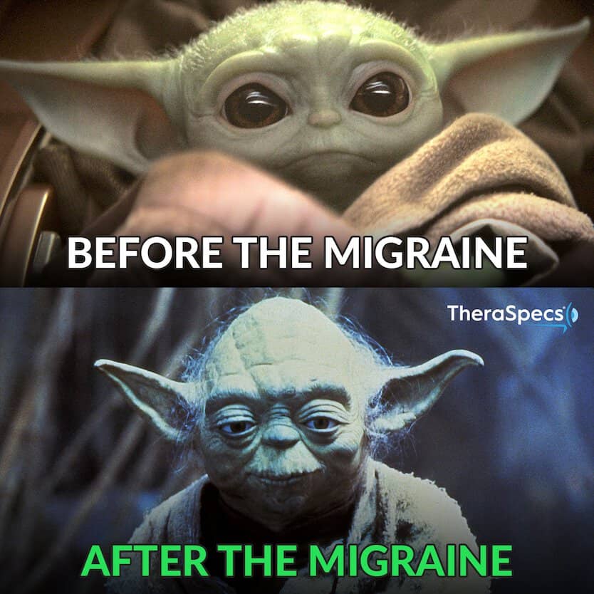 Funny migraine meme comparing Baby Yoda (Grogu) "before the migraine" to old Yoda "after the migraine."