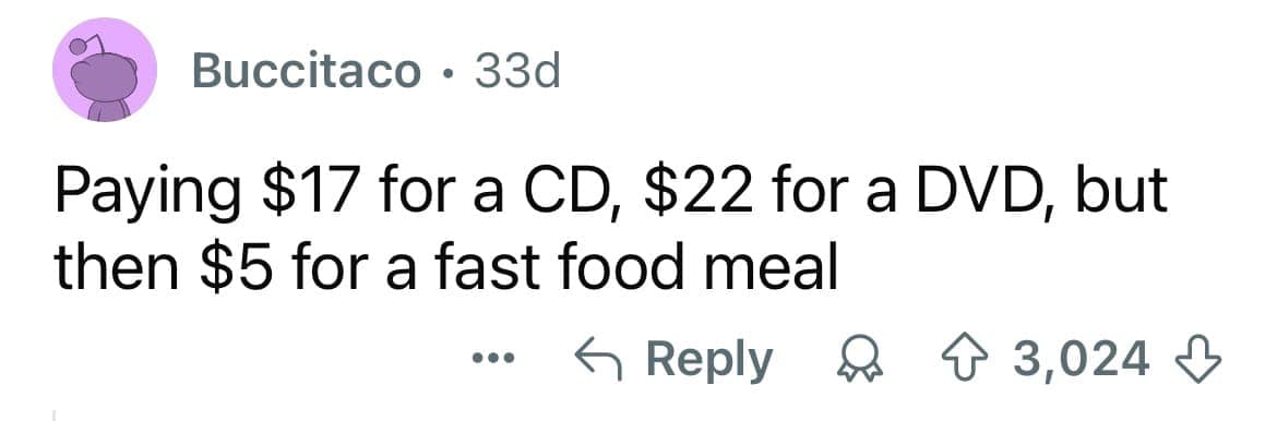Millennial experience comparing CD prices to fast food costs