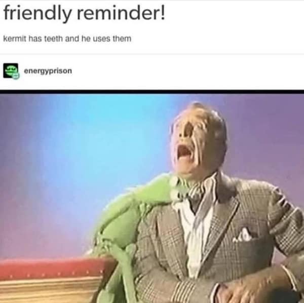 Screenshot of Kermit the Frog aggressively biting a man on the shoulder.