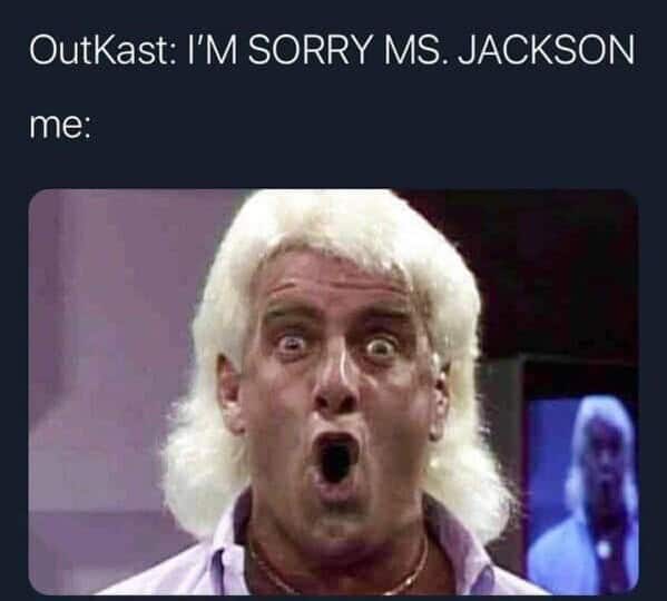 A classic music meme showing Ric Flair's "Wooo!" face as the correct reaction to OutKast's "Ms. Jackson."