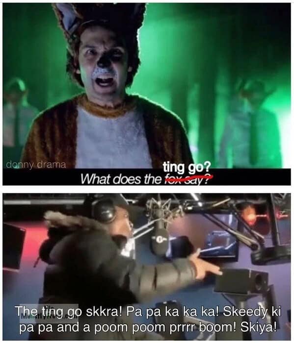 A crossover music meme answering "What does the fox say?" with lyrics from Big Shaq's "Man's Not Hot."