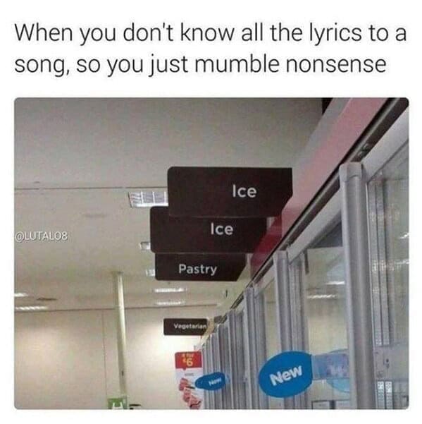 A hilarious music meme showing freezer signs that read "Ice Ice Pastry" as misheard song lyrics