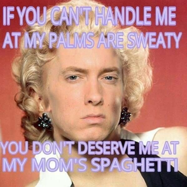 A funny music meme of Eminem as Marilyn Monroe with a parody quote about "mom's spaghetti."