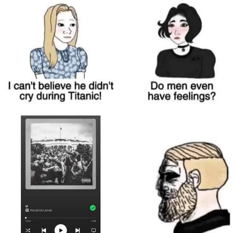 Wojak meme comparing crying during Titanic to listening to Kendrick Lamar in a music meme.